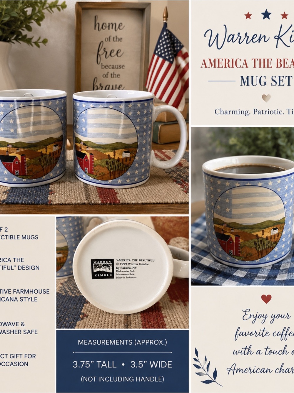 Warren Kimble America The Beautiful Blue Ceramic Mug - Set of 2